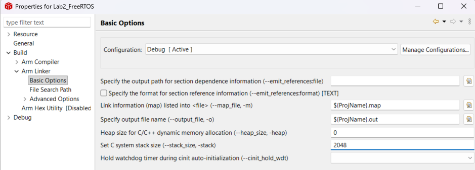 Setting stack size in CCS